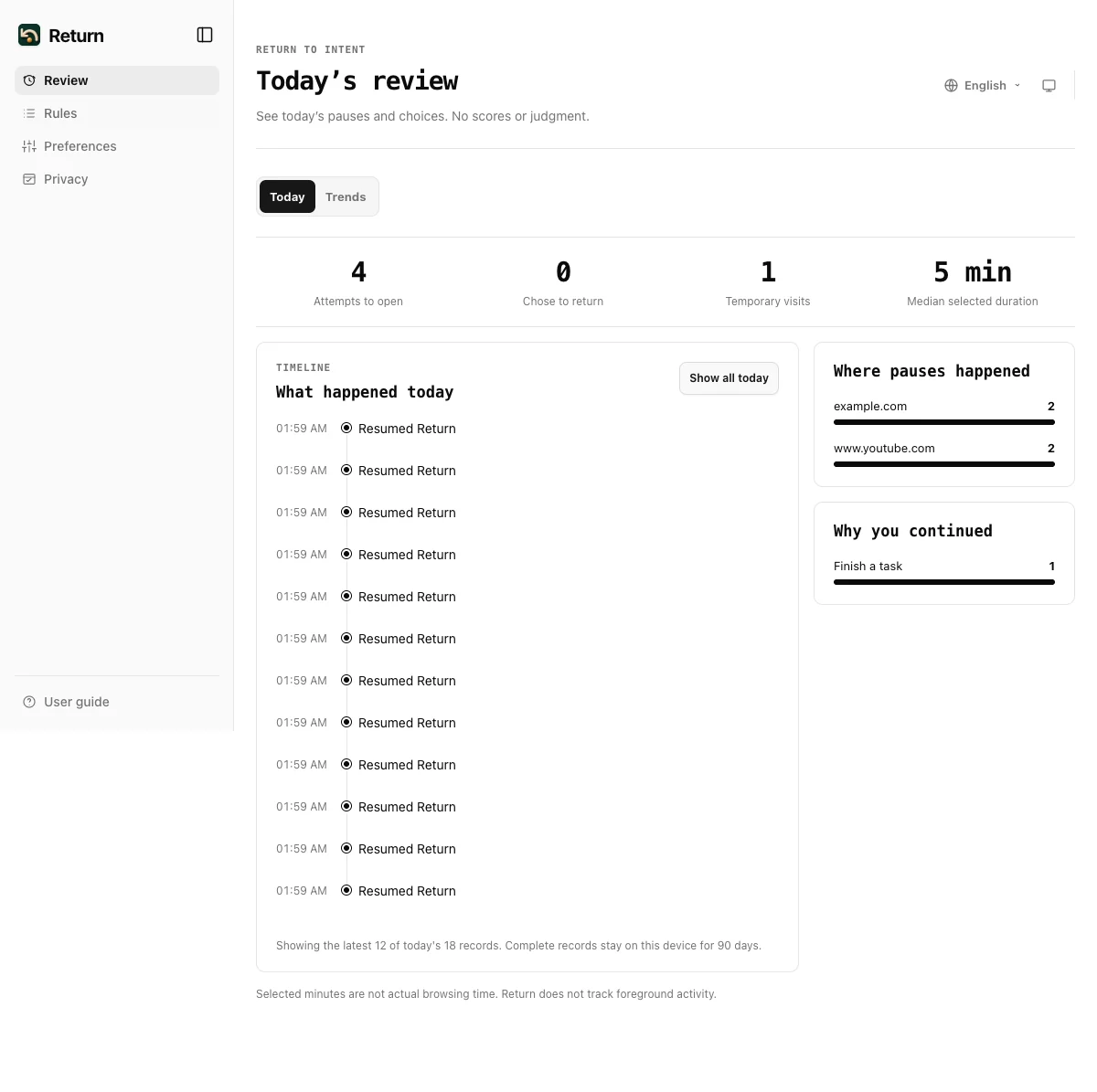 The local review page showing today's pauses and choices
